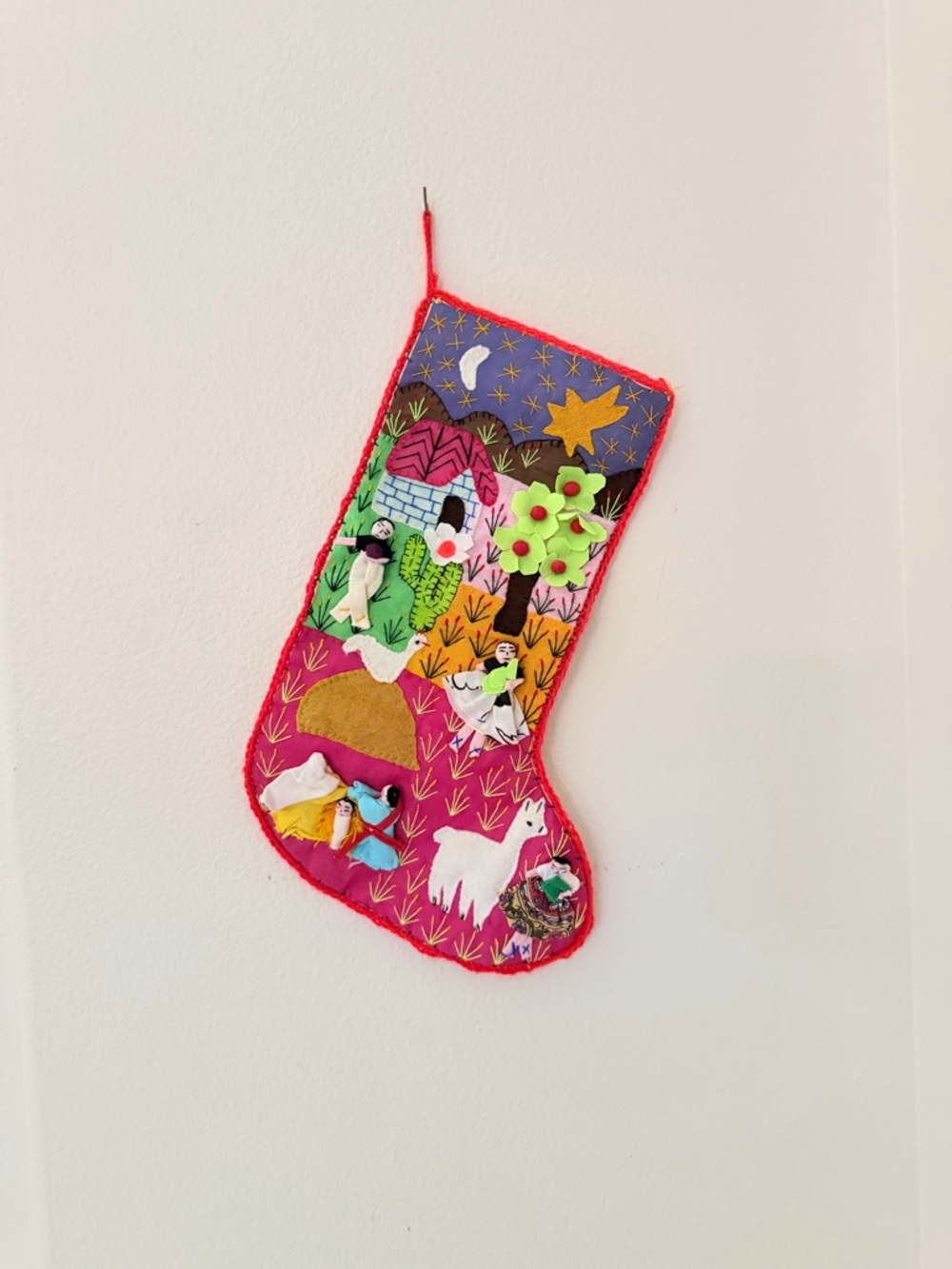 Handmade Vintage Folk Art Embroidered Multicolor Stocking
